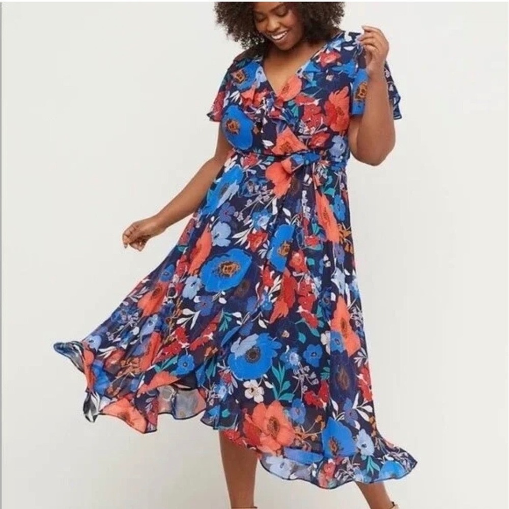 Lane Bryant Floral Faux Wrap Fit & Flare Midi Dress Ruffle Detail Tie Belt Sz 16